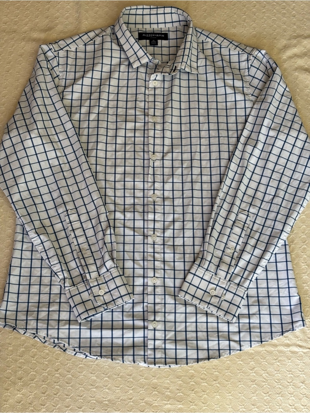 Mizzen+Main White Dress Shirt with Blue Windowpane Grid